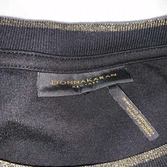 Donna Karen New York Size Medium Black Asymmetrical Style Top Gold Trim Neckline - Picture 6 of 6
